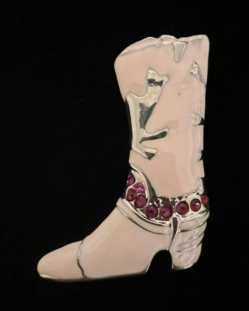 VTG Brooch Pendant Cowboy Boot Pink Enamel Red Rhinestones Silver Tone Metal
